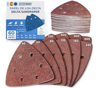 Papeles de lija EffektWerk Delta (paquete de 60, 6 agujeros), almohadillas de lijado triangulares de 93 x 93 x 93 mm para lijadoras de ratón, tamaños de grano múltiple (40, 60, 80, 120, 180, 240)