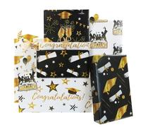 Papeles de regalo de graduación, 6 hojas de papel de regalo blanco, negro y dorado con cinta dorada, 50 x 70 cm por hoja, plegado para celebraciones de fiesta de graduación