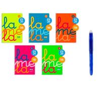 PAPELIVI Lote 5 Cuadernos Lamela Polipropileno Flúor Cuadrovia Tamaño FOLIO Fº 80 Hojas Cuadros 5 mm 7FTP005S + Bolígrafo Borrable