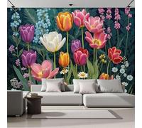 Papels Pintado Panorámico Tulipanes Coloridos Racimos De Flores. Papel Tapiz Mural Flores Realistas Estéreo Fondo De TV Papeles De Pared Decoración Del Hogar Papel Tapiz 3D 250x175cm