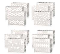 PAPER FAIR 12 bolsas de regalo de Navidad metálicas plateadas a granel, medianas de 9 x 7 pulgadas, patrón mixto de estrellas, lunares, bolsas de papel de mezcla de rayas, para vacaciones, cumpleaños,