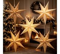 Paper Jazz Juego de 5 faroles de estrella de papel, faroles colgantes 3D con luz, color crema/beige, farol bohemio con patrones recortados, adorno de estrella de Navidad plegable de 7 puntos para