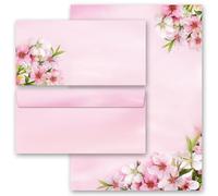 Paper-Media: 20 Componentes Completo FLORES DE MELOCOTÓN - Papel de Cartas + Sobres (Sin Ventanas) - 10 Hojas Estampadas + 10 Sobres Estampados DIN LONG - Rosa - Clásico