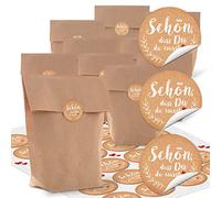 Paper-Media Lot de 10 petits sacs en papier kraft marron avec inscription en allemand Schön Dass DU DA WARST 16,5 x 26 x 6,6 cm + 24 autocollants beige blanc cœur vintage emballage cadeau bio