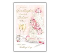 Paper Rose Tarjeta de felicitación para nieta y marido con texto en inglés "On Your Wedding Day" para nieta y su marido, bonito diseño floral de pastel de boda y champán, tarjeta de felicitación