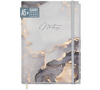 paper&you® Cuaderno A5+ cuadriculado con banda elástica [Mármol Gris] - 156 páginas, 78 hojas - como journal, agenda - sostenible y climáticamente neutro