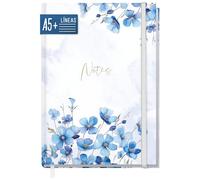 paper&you® cuaderno de notas A5+ con líneas y banda elástica "Blue Blossoms" 156 páginas, 78 hojas - como Journal, agenda - sostenible & respetuoso con el clima