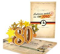 papercrush Tarjeta desplegable "Regreso al año 1946" - Divertida tarjeta de cumpleaños 3D para 80 cumpleaños para mujer y hombre - Tarjeta de felicitación especial de 80 años con divertidos datos de