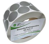 PaperXpert Puntos adhesivos de tela plateado/gris, 1 rollo de 1000 unidades, diámetro de 30 mm, redondos, puntos adhesivos de alto rendimiento, puntos de cierre y puntos marcadores, calidad de marca