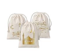 Papierdrachen 3 Bolsas de Regalo para el Ramadán - de algodón - con un Bonito Estampado Dorado Ideales para Envolver Regalos - tamaño 20x30 cm con cordón Set 2