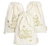 Papierdrachen 3 saquitos de regalo para Navidad - bellamente bordados e ideales para envolver regalos de Navidad de forma sostenible - Color crema dorado bordado - 20 x 30 cm - Set 9
