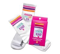 Papierdrachen Calcetines escolares - Finalmente soy un niño escolar, regalo para escolarización, calcetines para niños, talla 26-30, para niños y niñas - comienzo escolar, blanco - rosa, 26-30