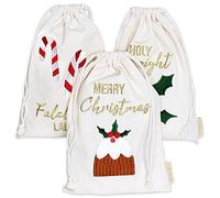 Papierdrachen Paquete de regalo de Navidad 2025 - Juego de 3 bolsas de tela - 20 x 30 cm - beige - con bordado en oro - reutilizable para rellenar