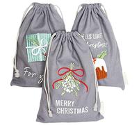Papierdrachen Paquete de regalo de Navidad 2025 - Juego de 3 bolsas de tela - 20 x 30 cm - gris - con bordado - reutilizable para rellenar