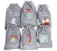Papierdrachen Paquete de regalo de Navidad 2025 - Juego de 6 bolsas de tela - 13 × 18 cm - gris - con bordado - reutilizable para rellenar