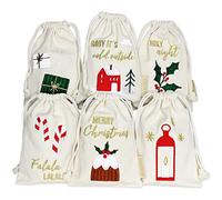 Papierdrachen Paquete de regalo de Navidad 2025 - Juego de 6 bolsas de tela - 13 x 18 cm - beige - con bordado en oro - reutilizable para rellenar