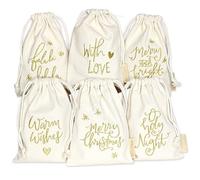 Papierdrachen Paquete de regalo de Navidad 2025 - Juego de 6 bolsas de tela - 13 x 18 cm - beige - con bordado en oro - reutilizable para rellenar