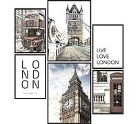 Papierschmiede® Mood Poster Set Londres, Cuadros como decoración de paredes, Living y dormitorio, 2x A3 y 4x A4, Big Ben Tower Bridge - sin marco