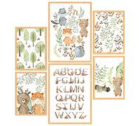 Papierschmiede® Mood Poster Set Niños Boy-Scout animales, Cuadros enmarcados para el cuarto infantil en marco de madera natural, 2x A4 y 4x A5, Bosque Alfabeto Zorro