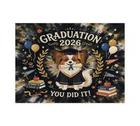 Papillon Dog Congrats Grad - Rompecabezas de 500 piezas para adultos, rompecabezas impresos de madera dorada y negra, decoraciones de patrón de clase de 2026 para fiestas de entretenimiento