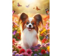 Papillon Dog in a field of colorful flowers Notebook - Large 6 x 9 inches - 127 Pages