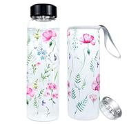PAPU 1 Botella Agua Vidrio 1 Litro,Boca Ancha 5,5 cm con Tapa Protectora Filtro Acero Inoxidable,Sin Bpa,Prueba de Fugas,Ideal Deportes Oficina (Rosa-Violeta)