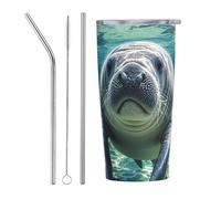 PAQOLSMCKR Vaso de acero inoxidable con tapa de 20 onzas, vaso aislado al vacío, taza de café de manatí con animales del océano, taza de café para viajes, reutilizable, taza aislada de doble pared