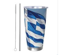 PAQOLSMCKR Vaso de acero inoxidable con tapa de 20 onzas, vaso aislado de acuo, taza de café con bandera griega, taza de café para viajes, reutilizable, taza aislada de doble pared para café