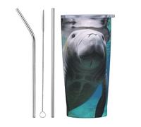 PAQOLSMCKR Vaso de acero inoxidable con tapa de 20 onzas, vaso aislado de acuo, taza de café de manatí con animales del océano, taza de café para viajes, reutilizable, taza aislada de doble pared para