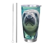 PAQOLSMCKR Vaso de acero inoxidable con tapa de 20 onzas, vaso aislado de acuo, taza de café de manatí con animales del océano, taza de café para viajes, reutilizable, taza aislada de doble pared para