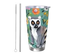 PAQOLSMCKR Vaso de acero inoxidable con tapa de 20 onzas, vaso aislado de animales, lémur, flores, taza de café para viajes, reutilizable, taza de coche, taza aislada de doble pared para café