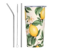 PAQOLSMCKR Vaso de acero inoxidable con tapa de 20 onzas, vaso aislado de limones y hojas de limón, taza de café para viajes, reutilizable, taza aislada de doble pared para café