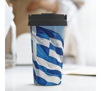 PAQOLSMCKR Vaso de acero inoxidable con tapa, vaso aislado con bandera griega, taza de café para viajes, reutilizable, taza de coche con aislamiento de doble pared para café