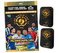 Paquete con Panini FIFA Club World Cup 2025 - World Cup 2025 - World Cards - 1 Starter + 2 latas de lata + tarjeta de cumpleaños exclusiva