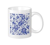 Paquete de 1 taza con estampado floral azul con grabado de hermosas flores botánicas hojas estilo chino, cerámica azul, peso ligero, colección para sala de estar, oficina al aire libre, parte inferior