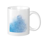 Paquete de 1 taza de impresión floral azul pintada a mano con hermosas hojas botánicas estéticas de cerámica azul claro, colección ligera, sala de estar, laboratorio, oficina, fondo plano con asas