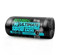 Paquete de 10 bolsas de basura con cordón negro en relieve, resistentes, capacidad de 80 litros, hechas de 98% material reciclado, 100% reciclables