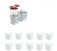 Paquete de 10 macetas cuadradas de plástico con bandejas de drenaje, coloridas para mini contenedores de guardería para el hogar, jardín, alféizar de ventana (blanco)