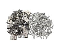 Paquete de 100 abrazaderas de alambre de tornillo de acero inoxidable con tornillos, instalación sencilla para soldadas a madera, metal o vinilos, clips de valla soldados, clips de acero inoxidable