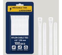 Paquete de 100 bridas reutilizables de 250 mm, color blanco, resistente, de nailon, grandes, de plástico, gruesas, color blanco, 250 x 4,8 mm