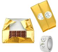 Paquete de 100 envoltorios de barra de chocolate con respaldo de papel grueso, vienen con 100 calcomanías, 6 x 7.5 pulgadas, envoltorios de caramelo de lámina dorada, hojas individuales caseras,
