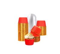 Paquete de 100 forros para cupcakes con tapas, tazas de aluminio para hornear de 3.5 onzas, mini forros desechables para magdalenas, magdalenas soportes para fiestas, bodas, San Valentín, rojo