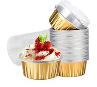 Paquete de 100 tazas para hornear de papel de aluminio con tapas, tazas de postre de 5 onzas, moldes desechables para magdalenas, mini moldes para magdalenas, para bodas, cumpleaños(dorado)
