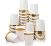 Paquete de 100 vasos de papel con borde dorado, vasos de papel desechables de 9 onzas a granel, vasos de papel para bebidas frías y calientes, para té, café, agua, leche, jugo, papel, fiesta, boda