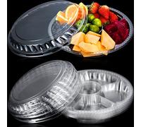 Paquete de 12 bandejas redondas de plástico para verduras con tapa, bandeja de frutas, 6 compartimentos divididos, bandeja de inmersión para servir alimentos, bandejas de catering reutilizables para