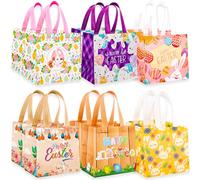 Paquete de 12 bolsas de caza de huevos de Pascua de 8 x 8 x 6 pulgadas, 6 diseños únicos, diseño colorido de huevo de conejo de primavera, bolsas no tejidas con asas para envolver regalos, suministros