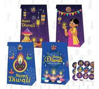 Paquete de 12 bolsas de regalo con palabras de Diwali Happy Diwali con calcomanías, bolsas de regalo de fiesta de festivales, bolsas de regalo de fiesta, bolsas de dulces azules y moradas para