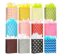 Paquete de 12 bolsas de regalo de papel surtido con papel de seda, bolsas de regalo grandes de papel kraft de 13 pulgadas a granel en patrones sólidos y geométricos con asas para cumpleaños,