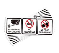 Paquete de 12 letreros de advertencia de seguridad para ventana de coche, con texto en inglés "No Smoking in Car Camera Recording No Eating or Drink" de 1.75 x 5 pulgadas para coches, vehículos