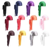 Paquete de 12 Long Tail Durag, Unisex Durag Headwraps Anchas Correas Pirata Gorra de quimio contra la pérdida de cabello Bandana Turbante para mujeres y hombres Hip-hop y decoración diaria.